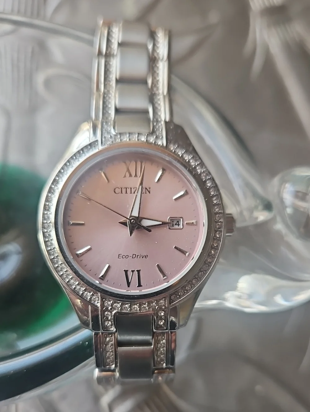 Citizen Women's Silver Watch with Pink Dial and Crystal Accents